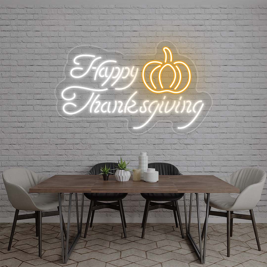Happy Thanksgiving neon sign with pumpkin, white and orange lights on white brick wall, dining room holiday decor