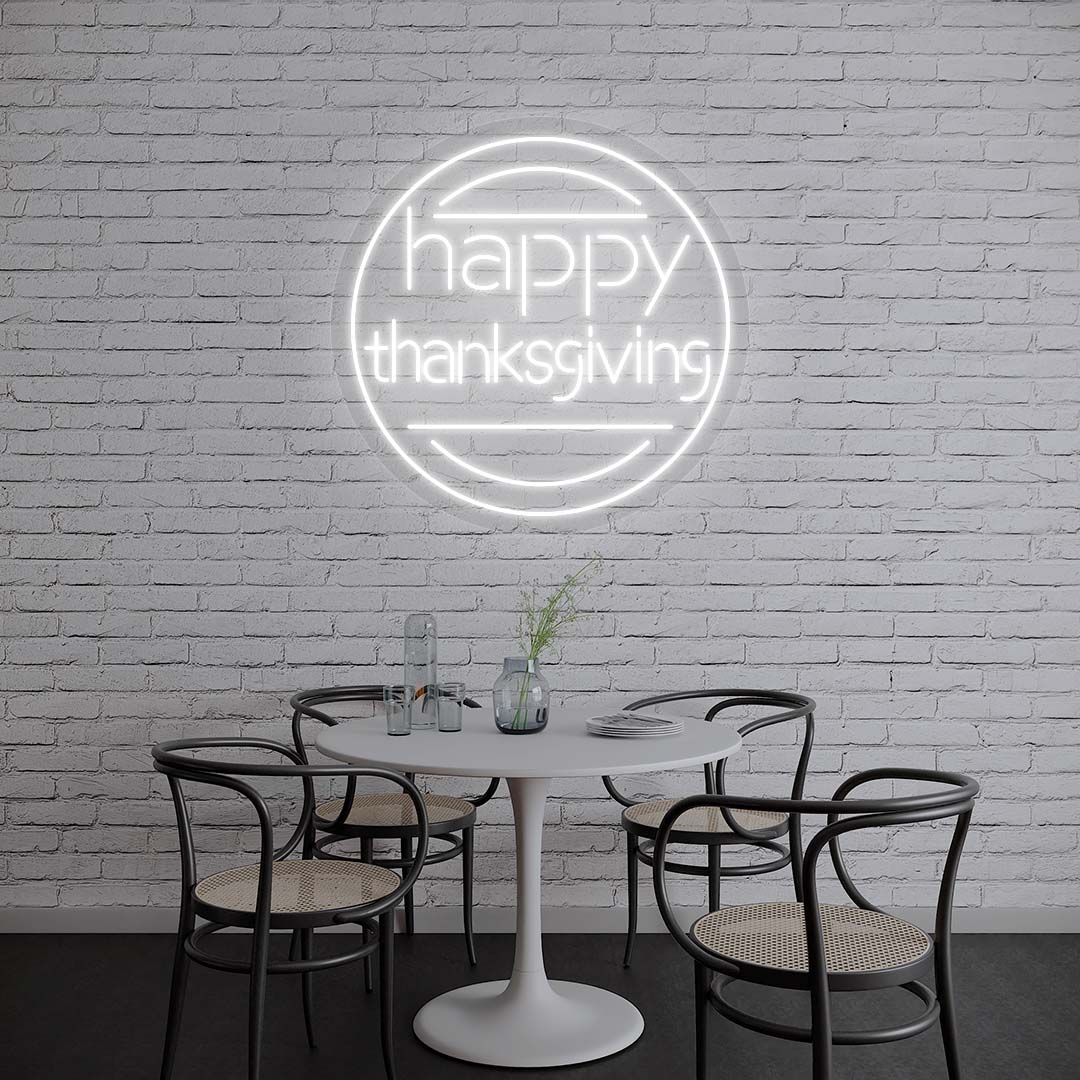 Happy Thanksgiving neon sign in modern round design, white lights on brick wall, minimalist dining room holiday decor
