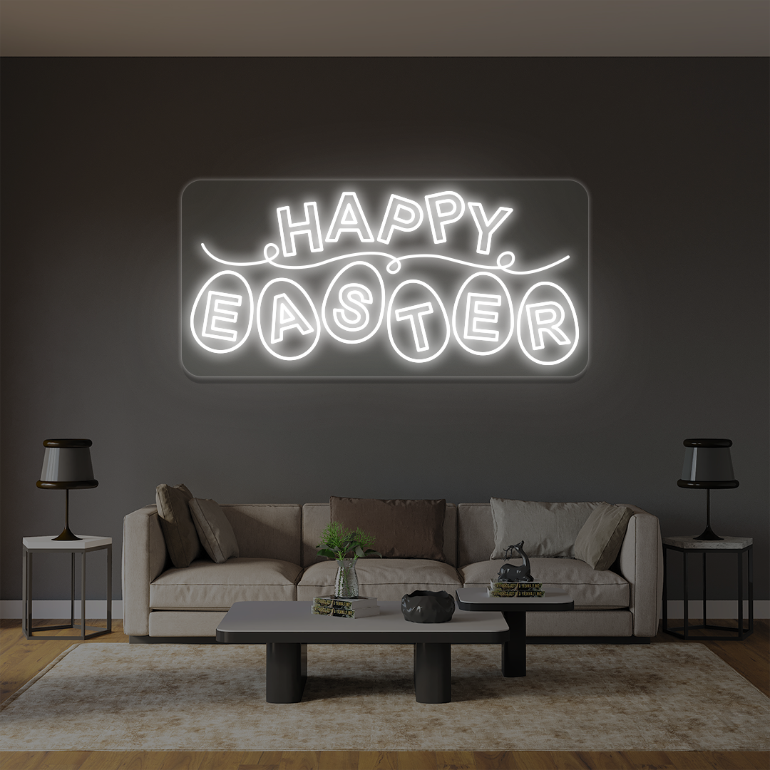 Happy Easter neon sign with eggs lettering in white