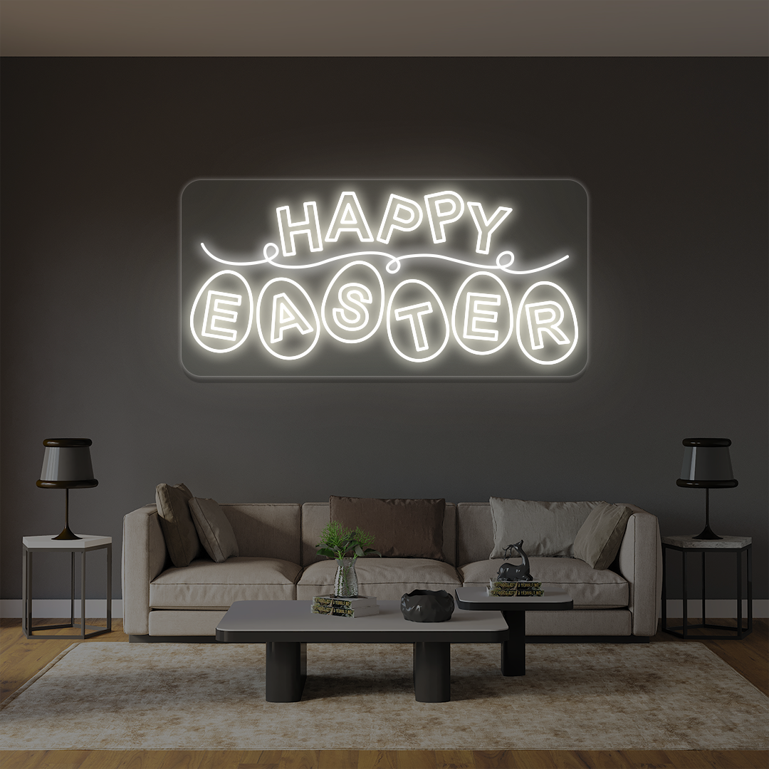 Happy Easter neon sign with eggs lettering in warm white