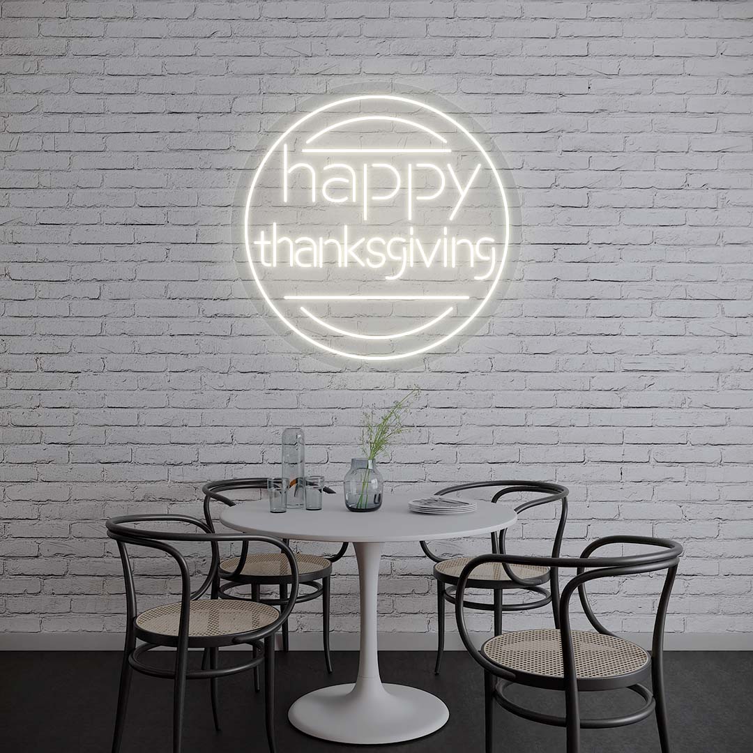 Happy Thanksgiving neon sign in modern round design, white lights on brick wall, minimalist dining room holiday decor
