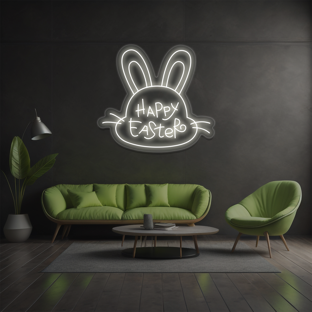 Happy Easter bunny neon sign in warm white glowing