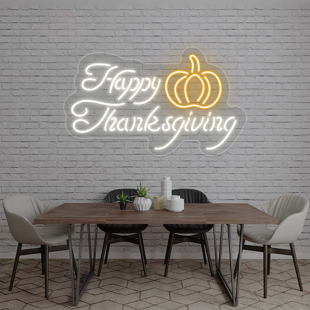 Happy Thanksgiving neon sign with pumpkin, white and orange lights on white brick wall, dining room holiday decor