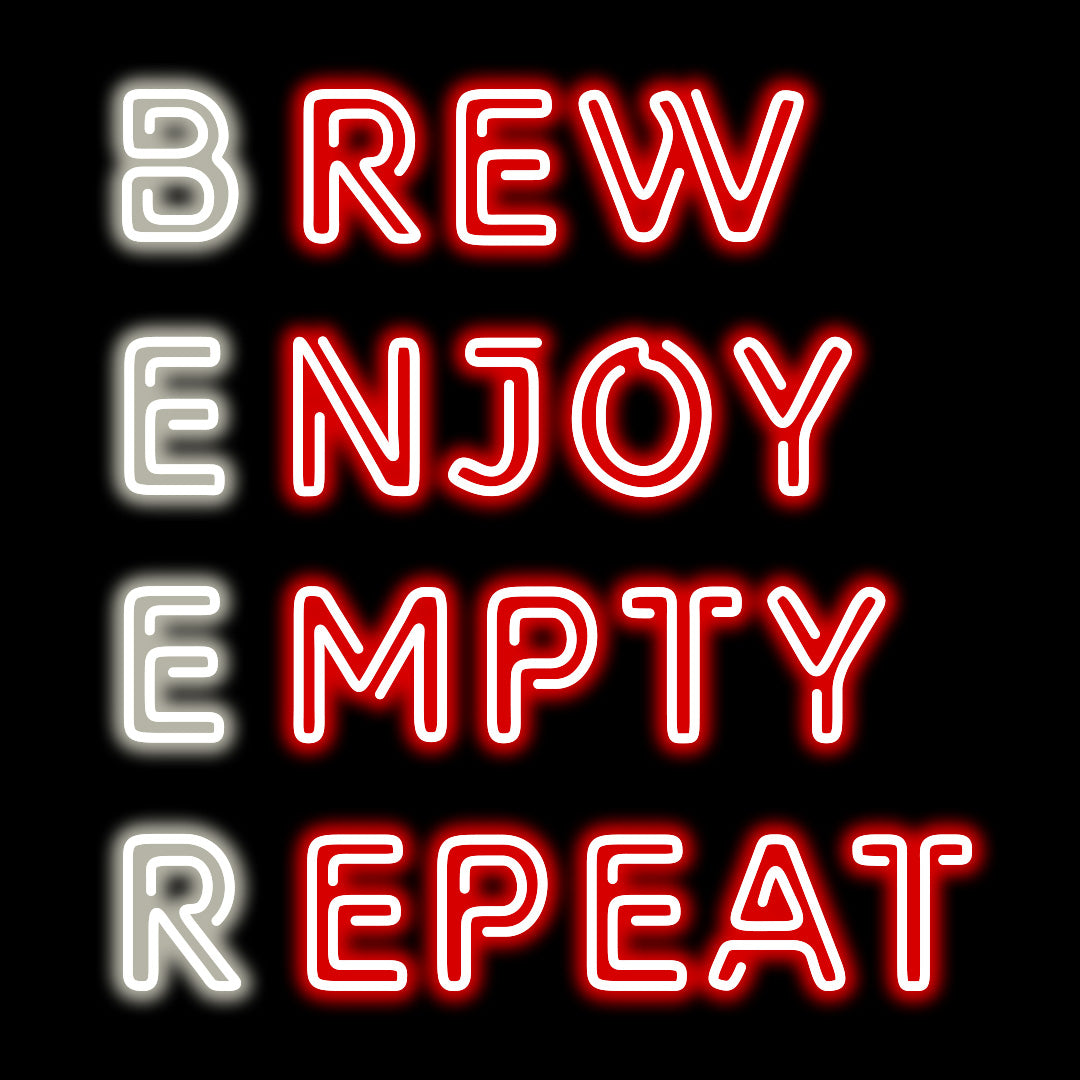 red and white brew enjoy empty repeat bar neon sign mounted on a wall
