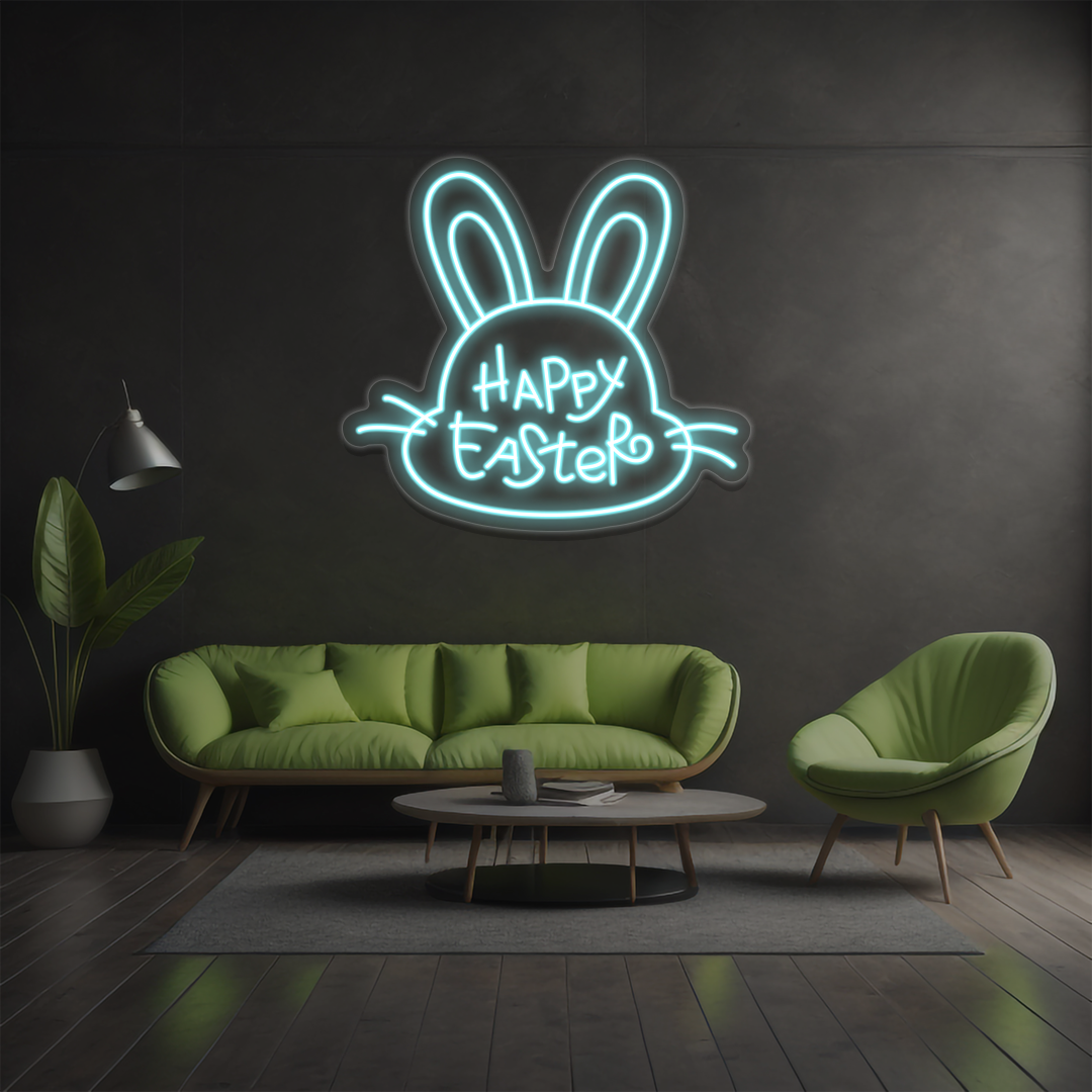 Happy Easter bunny neon sign in ice blue glowing
