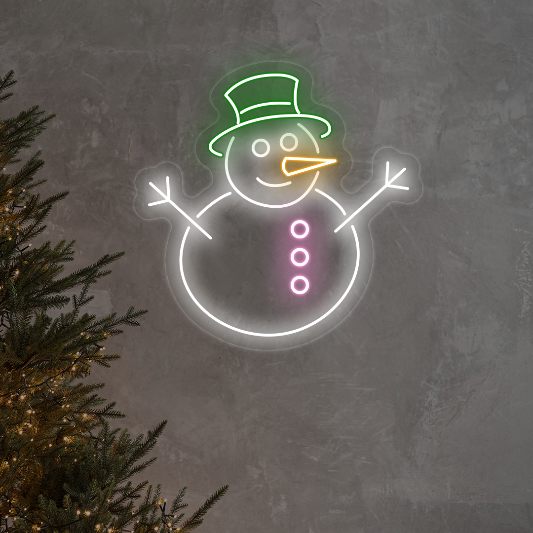 Snowman With Hat Multicolor Neon Sign | Green