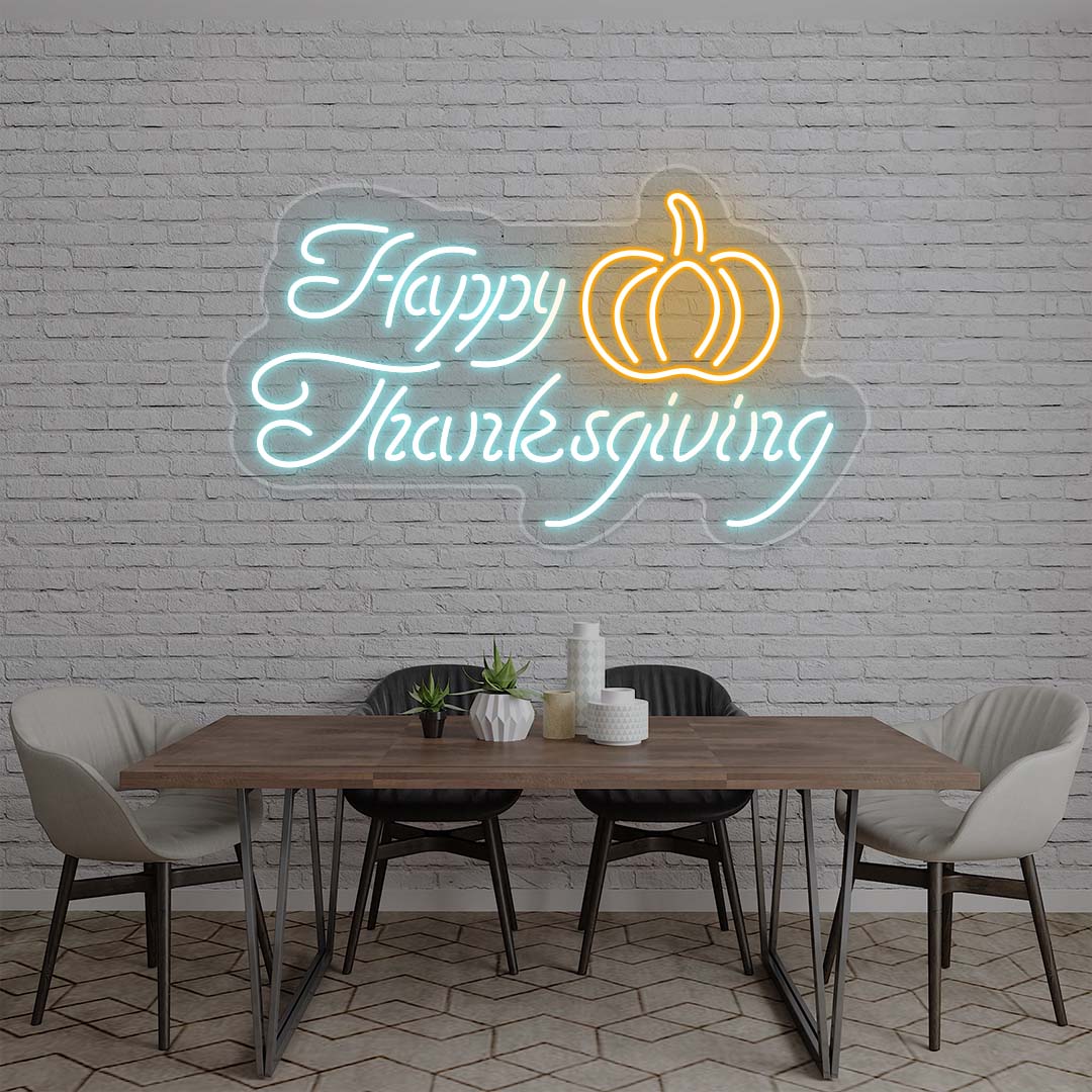 Happy Thanksgiving neon sign with pumpkin, blue and orange lights on white brick wall, dining room holiday decor