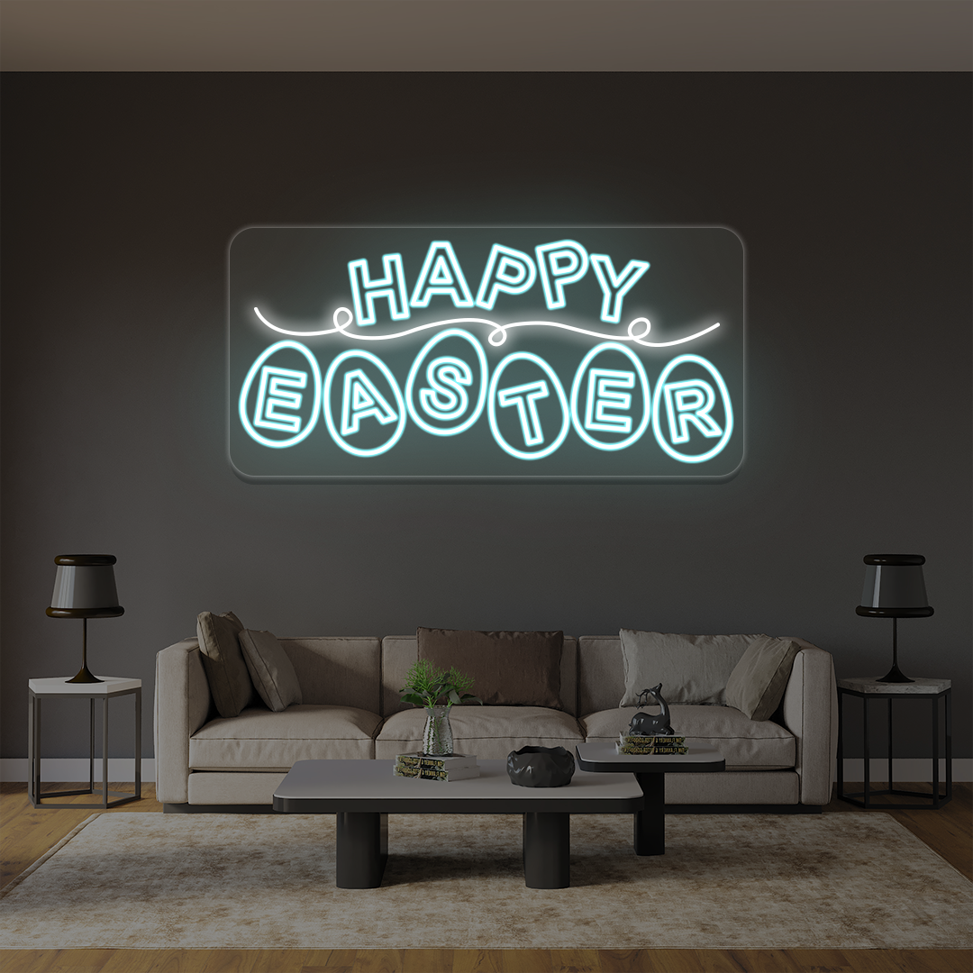 Happy Easter neon sign with eggs lettering in ice blue