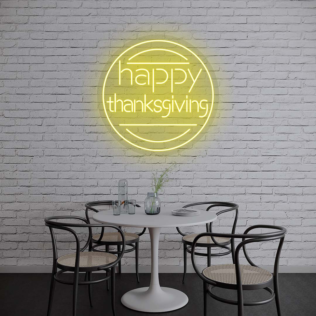 Happy Thanksgiving neon sign in modern round design, yellow lights on brick wall, minimalist dining room holiday decor