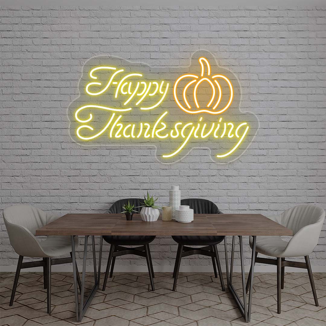 Happy Thanksgiving neon sign with pumpkin, yellow and orange lights on white brick wall, dining room holiday decor