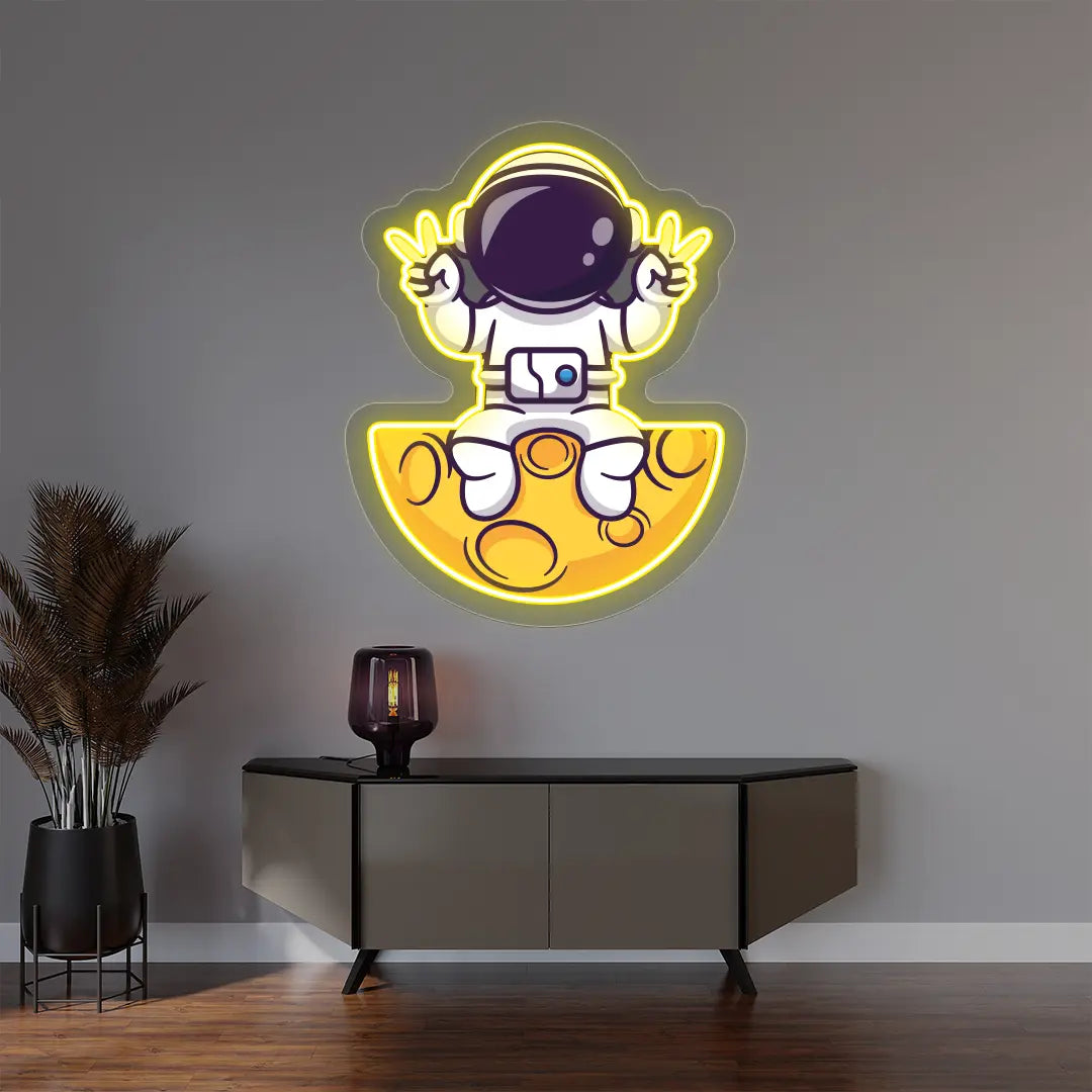 Astronaut On The Moon Neon Artwork | Yellow