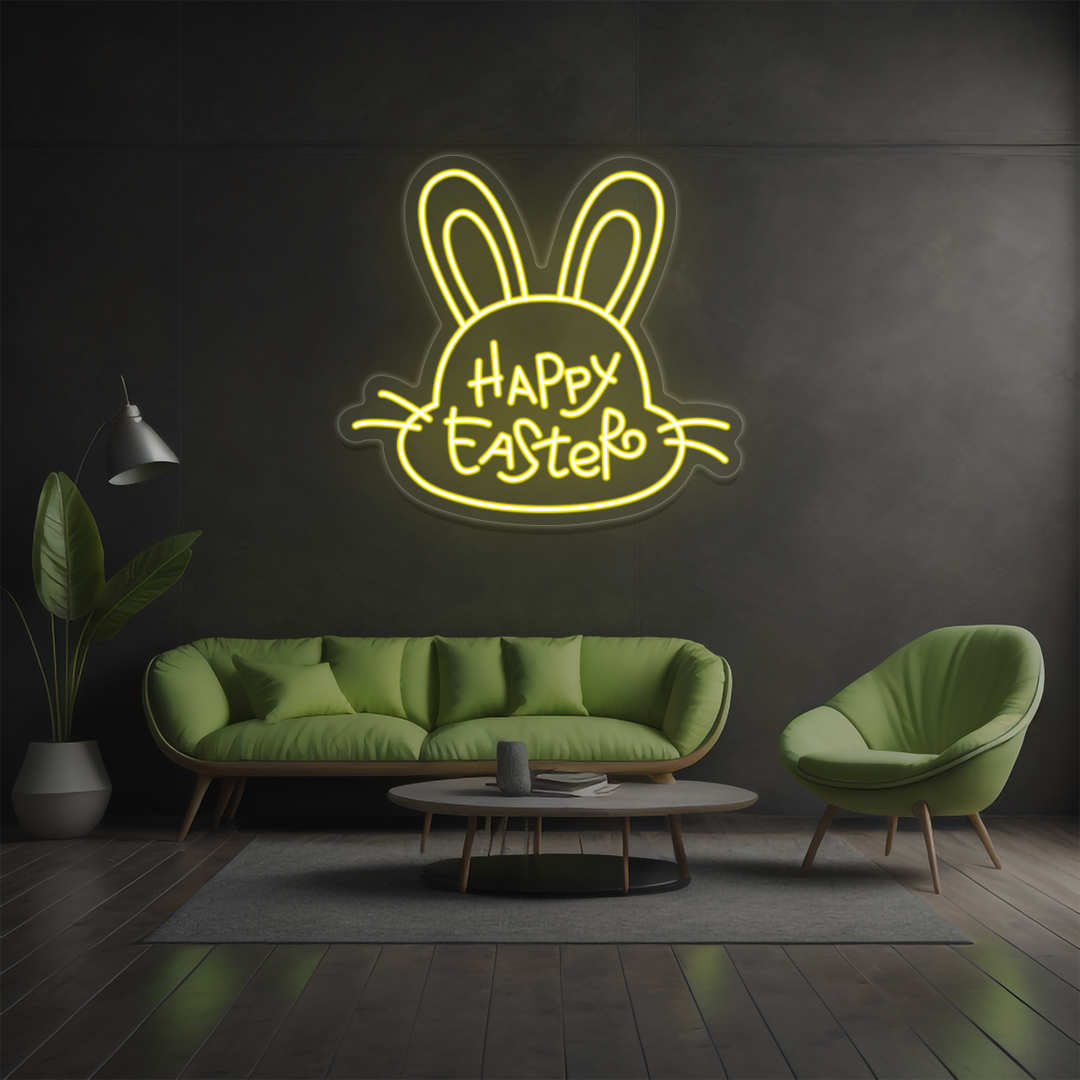 Happy Easter bunny neon sign in yellow glowing