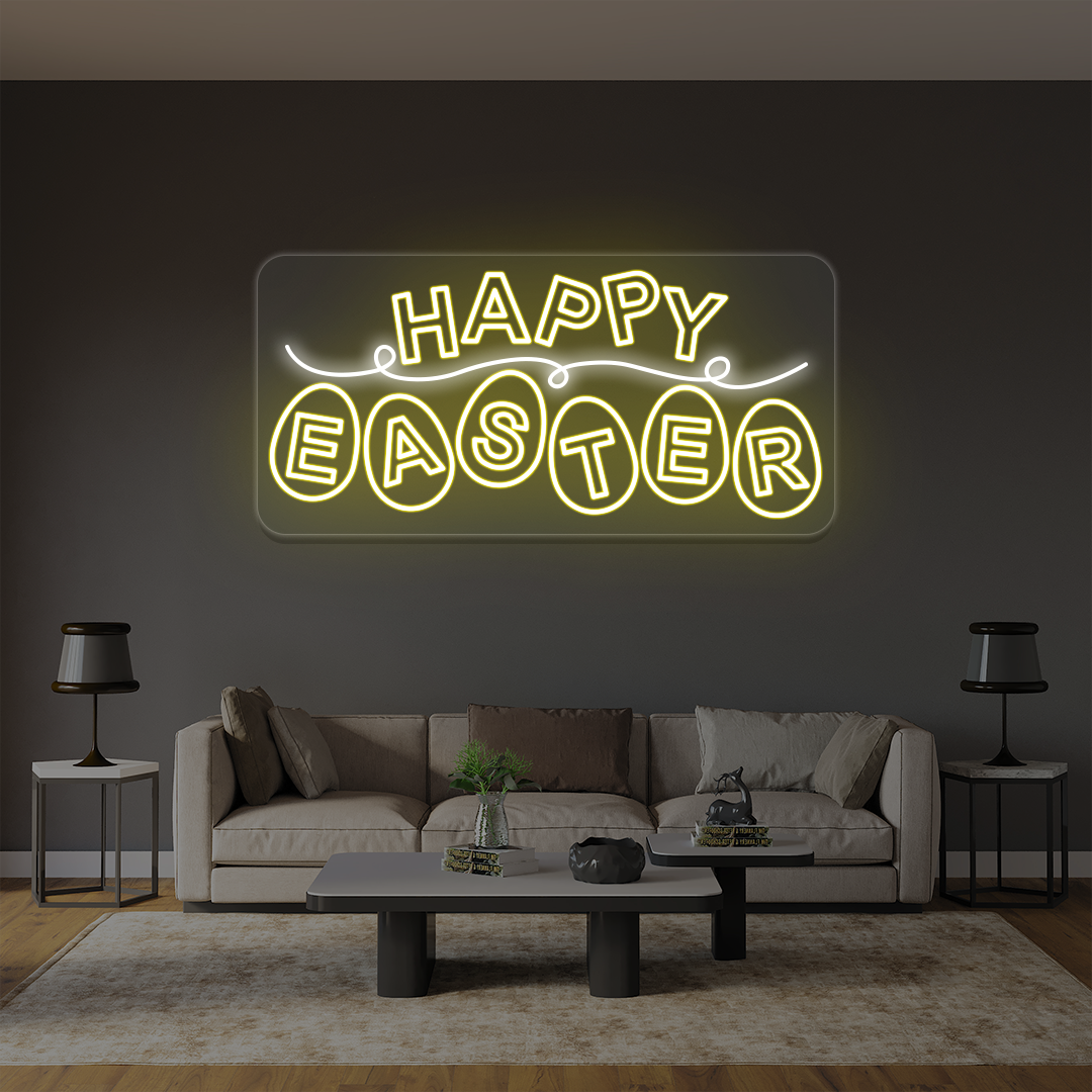 Happy Easter neon sign with eggs lettering in yellow