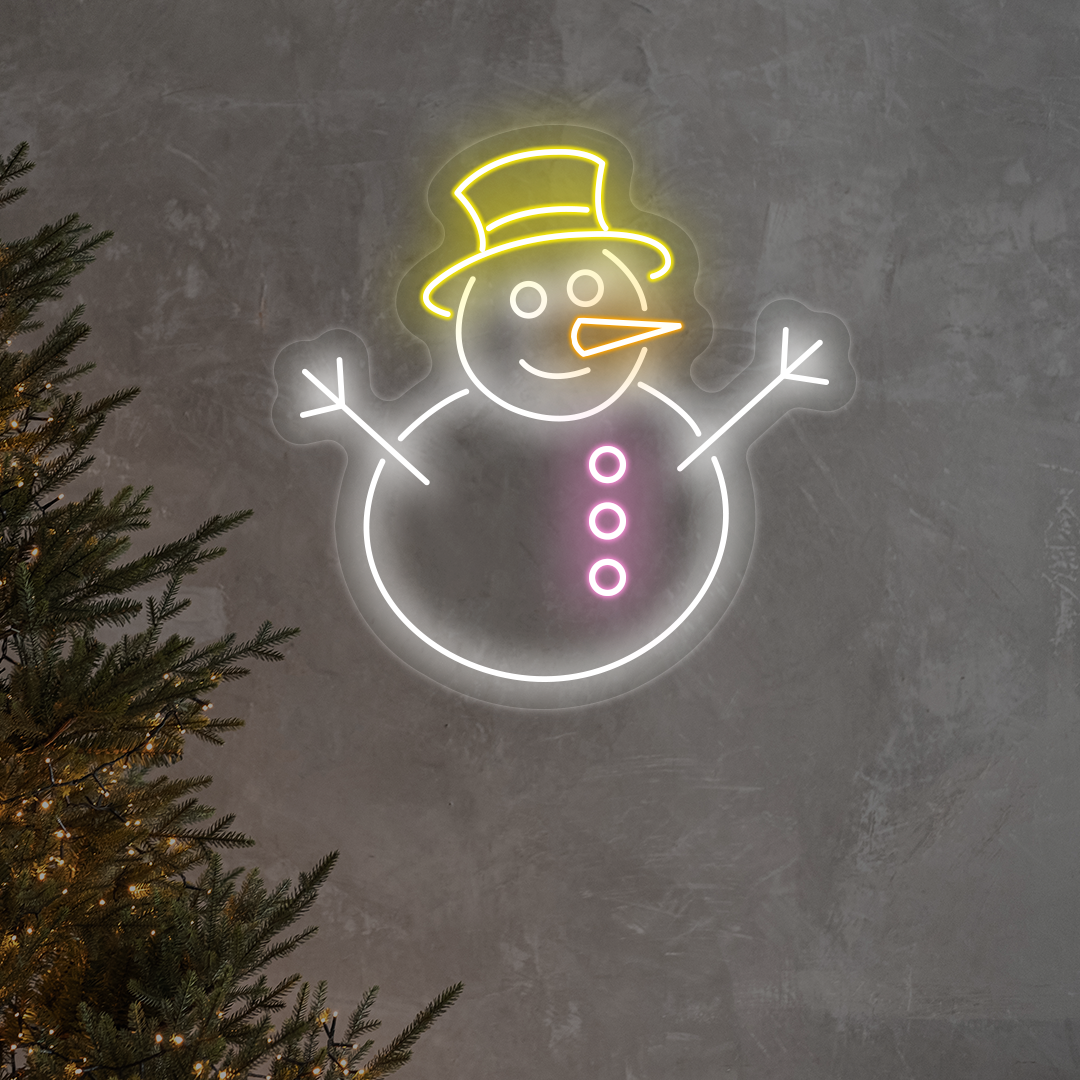 Snowman With Hat Multicolor Neon Sign | Yellow