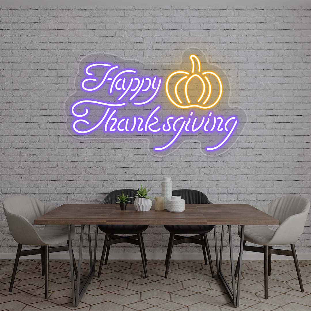 Happy Thanksgiving neon sign with pumpkin, purple and orange lights on white brick wall, dining room holiday decor