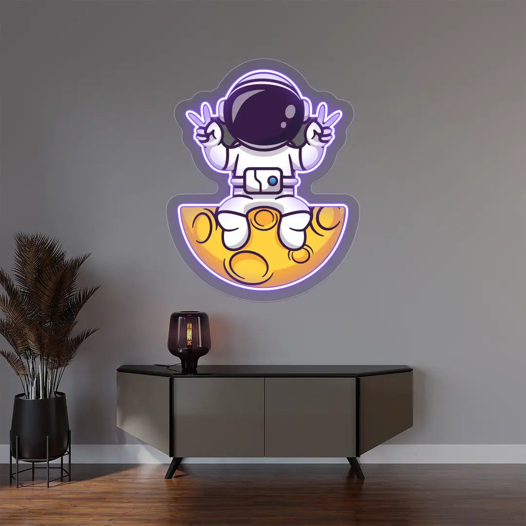Astronaut On The Moon Neon Artwork | Purple