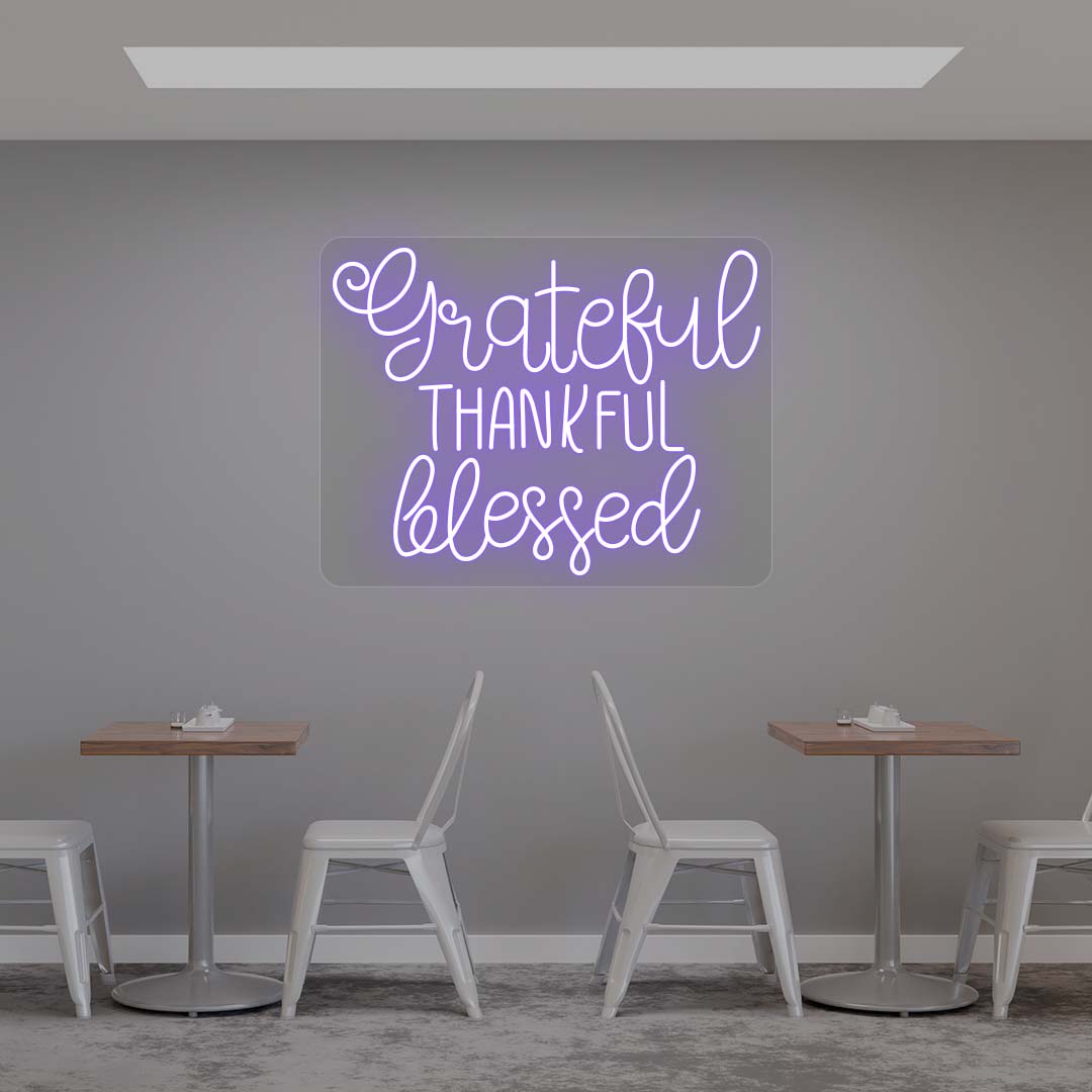 Grateful Thankful Blessed purple neon sign wall decor in modern cafe dining area