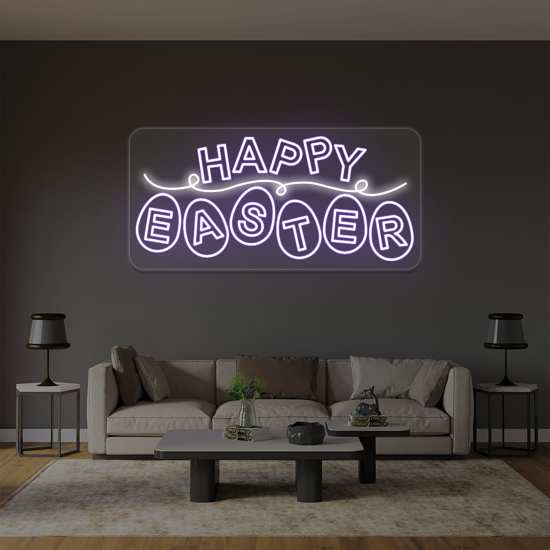 Happy Easter neon sign with eggs lettering in pink