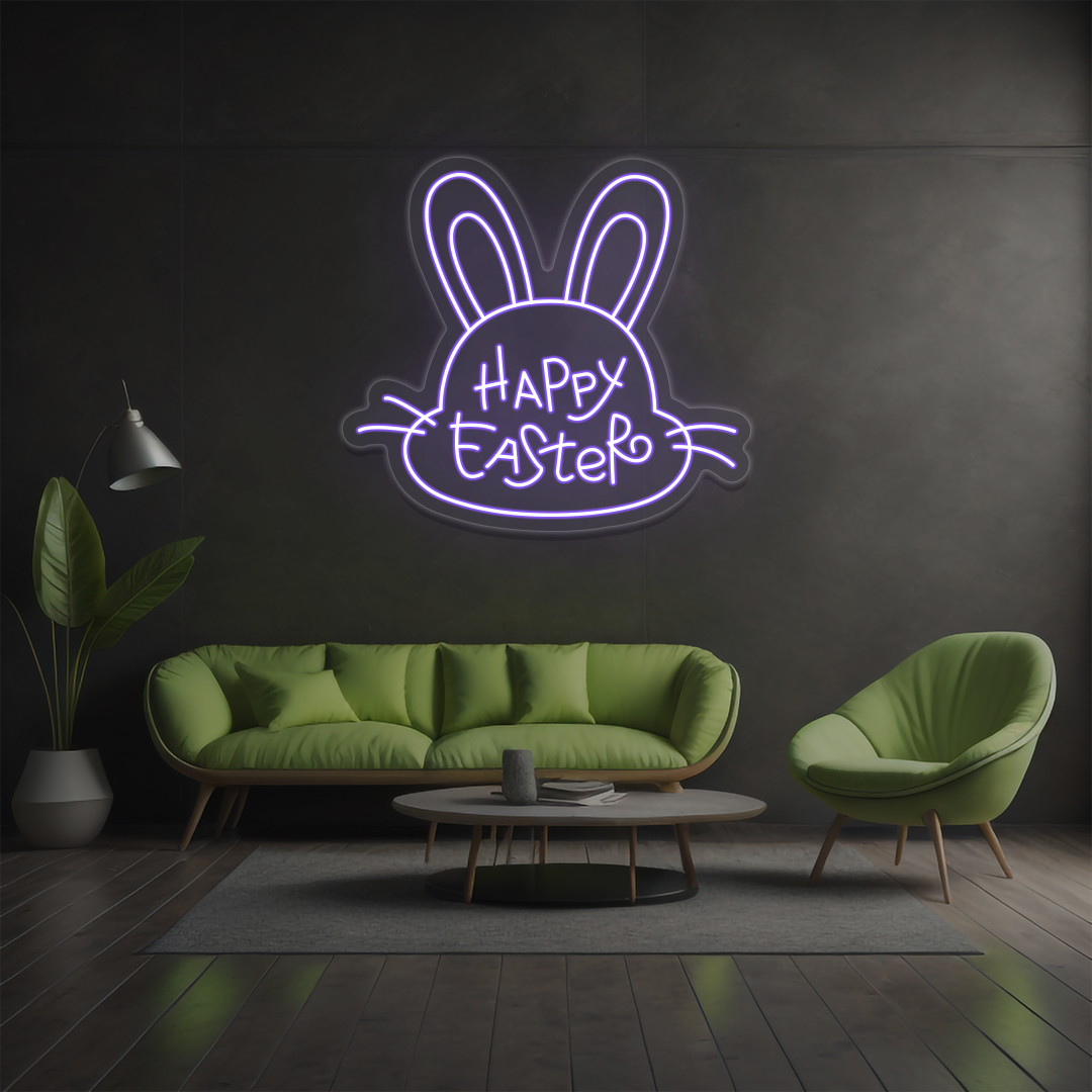 Happy Easter bunny neon sign in purple glowing