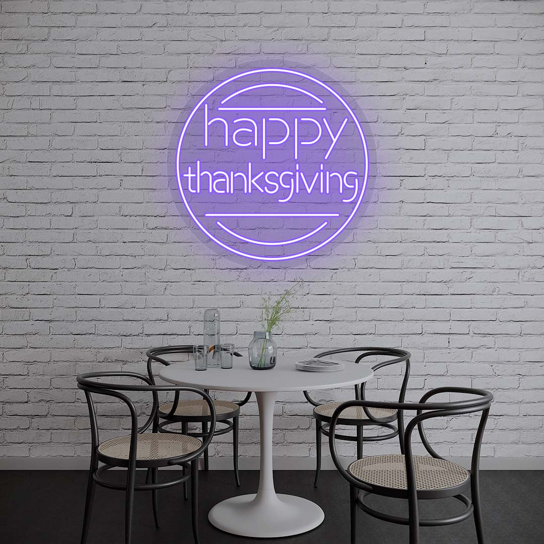 Happy Thanksgiving neon sign in modern round design, purple lights on brick wall, minimalist dining room holiday decor