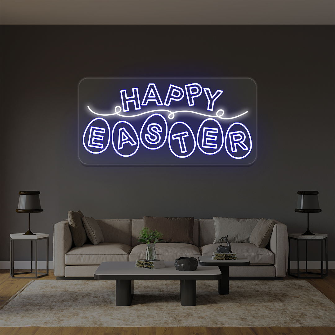Happy Easter neon sign with eggs lettering in purple
