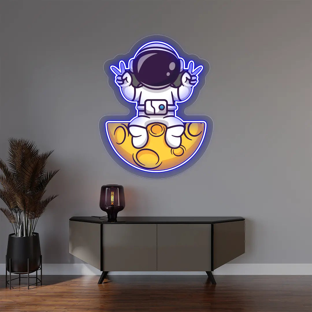Astronaut On The Moon Neon Artwork | Blue