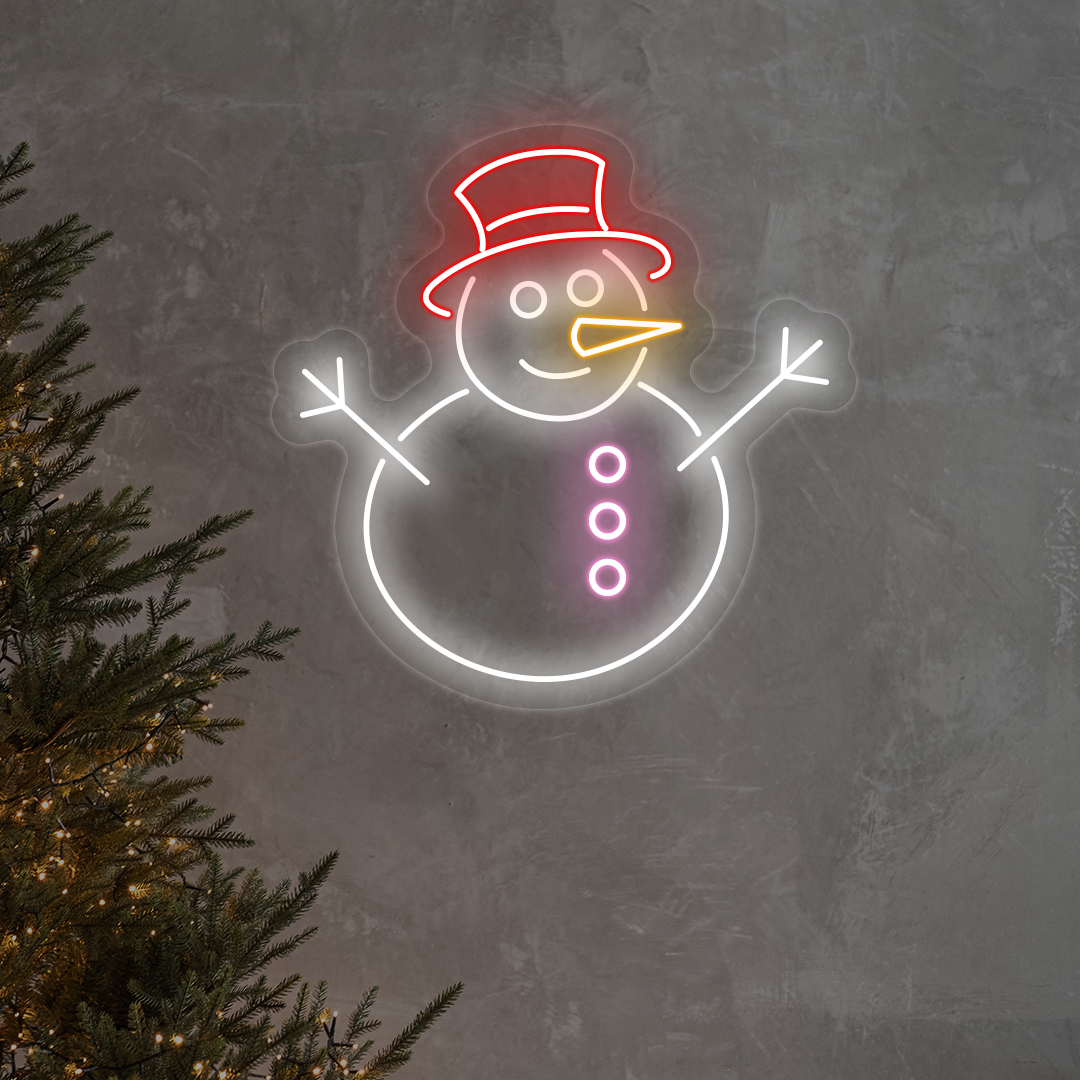 Snowman With Hat Multicolor Neon Sign | Red