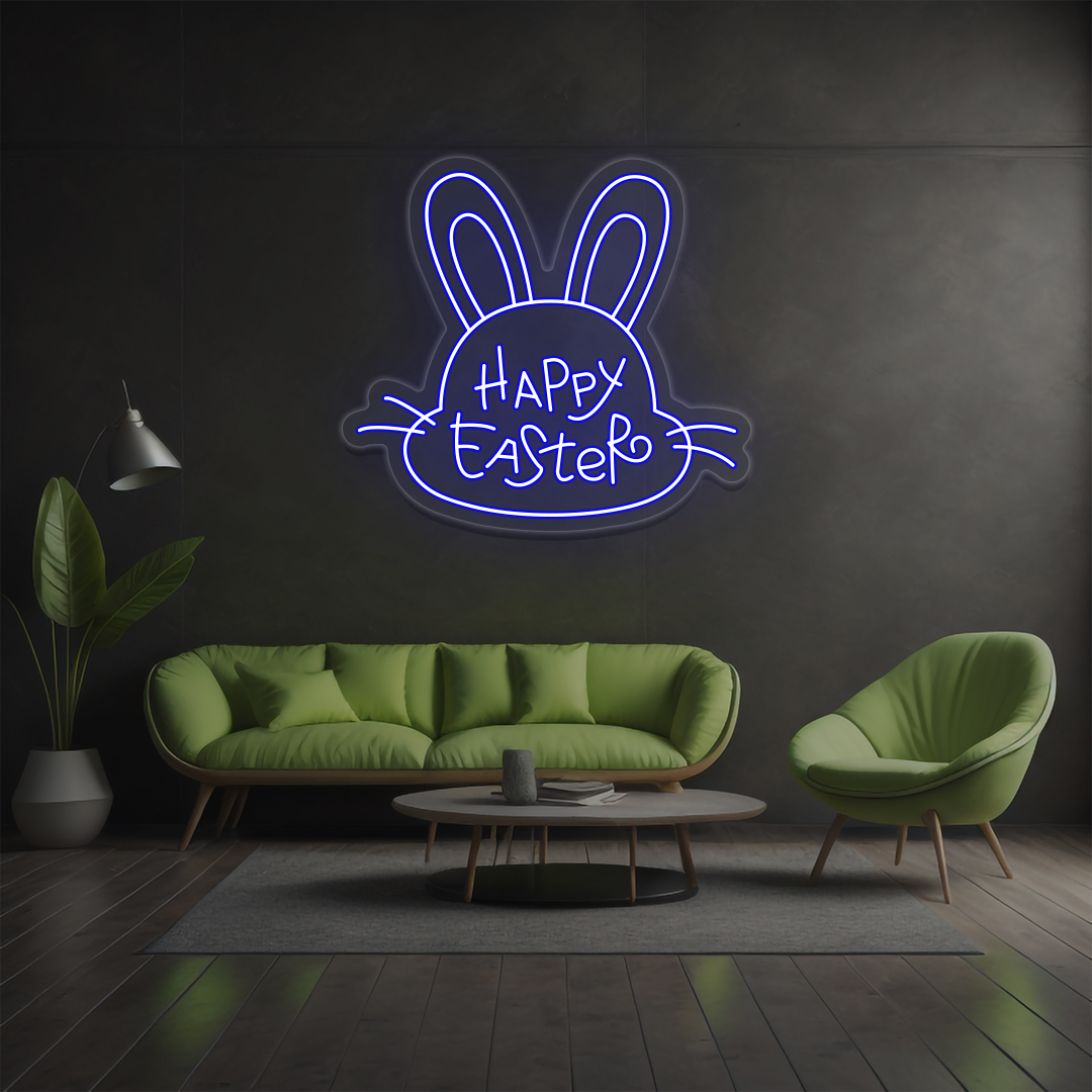 Happy Easter bunny neon sign in blue glowing