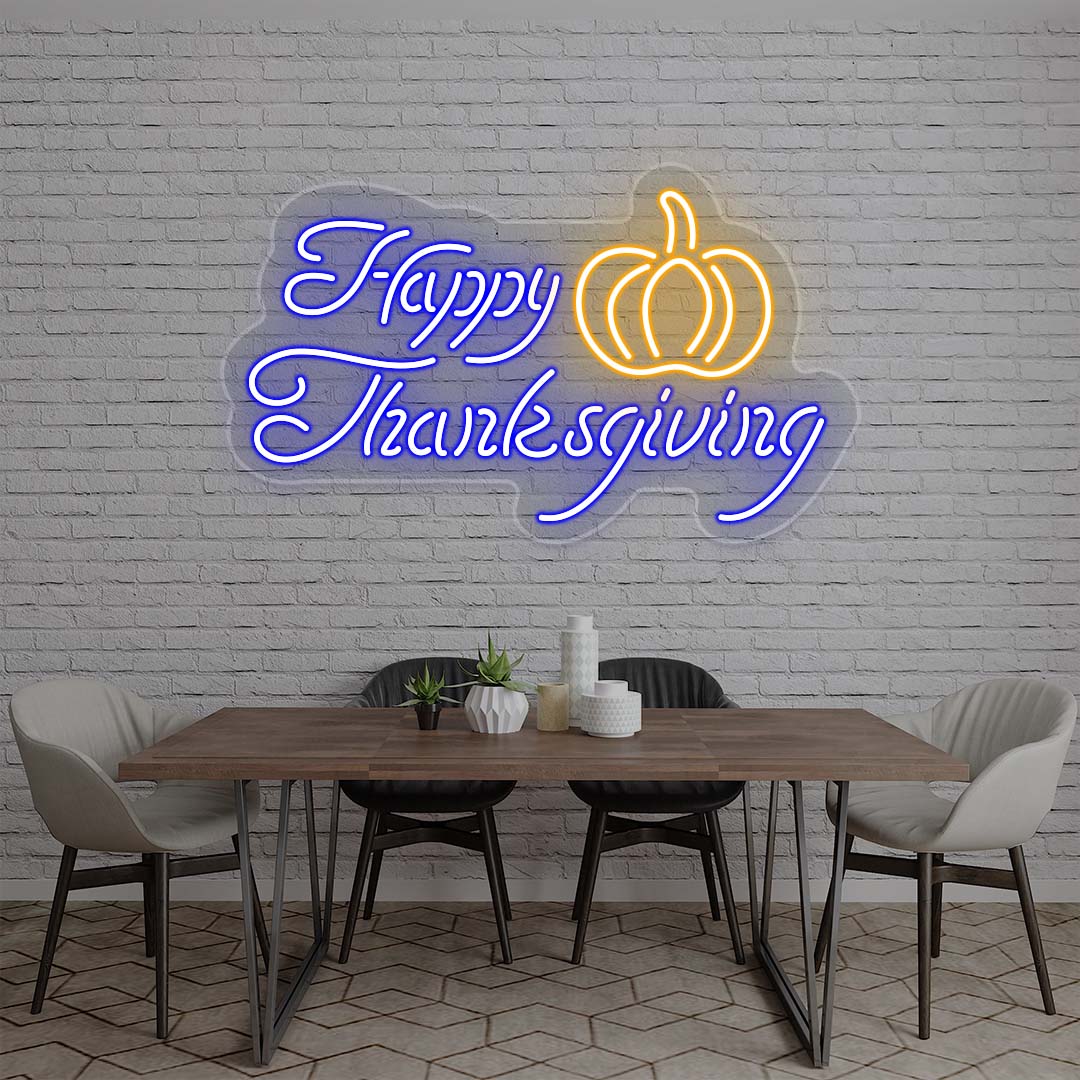Happy Thanksgiving neon sign with pumpkin, blue and orange lights on white brick wall, dining room holiday decor