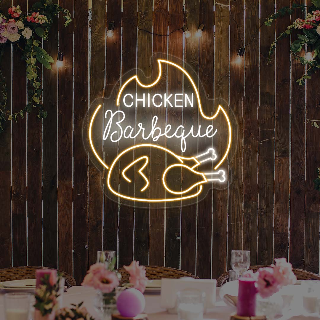 Chicken Barbeque neon sign in white and orange with flame and chicken illustration, BBQ event wall decor