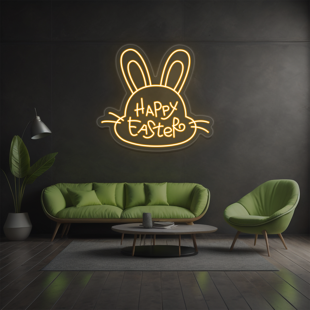 Happy Easter bunny neon sign in orange glowing
