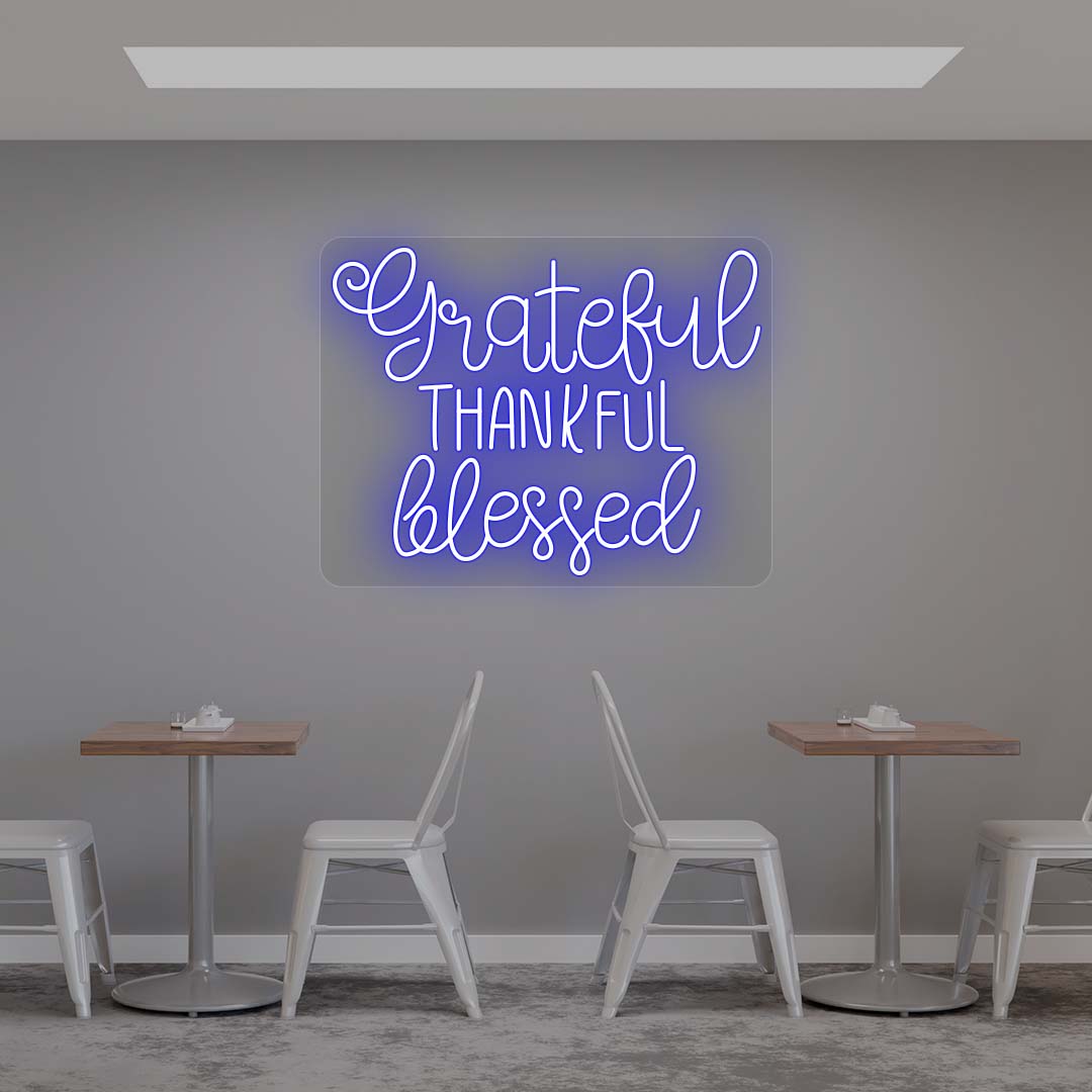 Grateful Thankful Blessed blue neon sign wall decor in modern cafe dining area