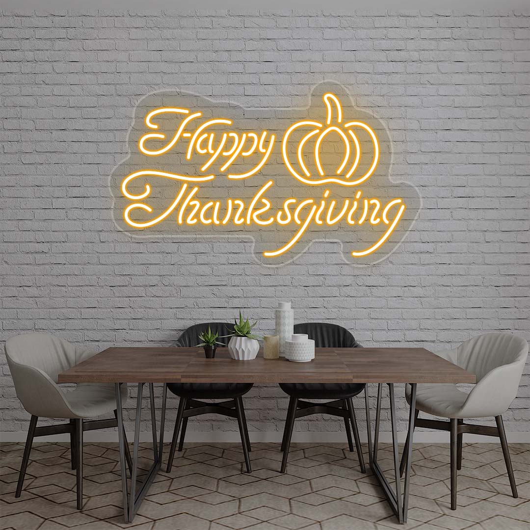 Happy Thanksgiving neon sign with pumpkin, orange and orange lights on white brick wall, dining room holiday decor