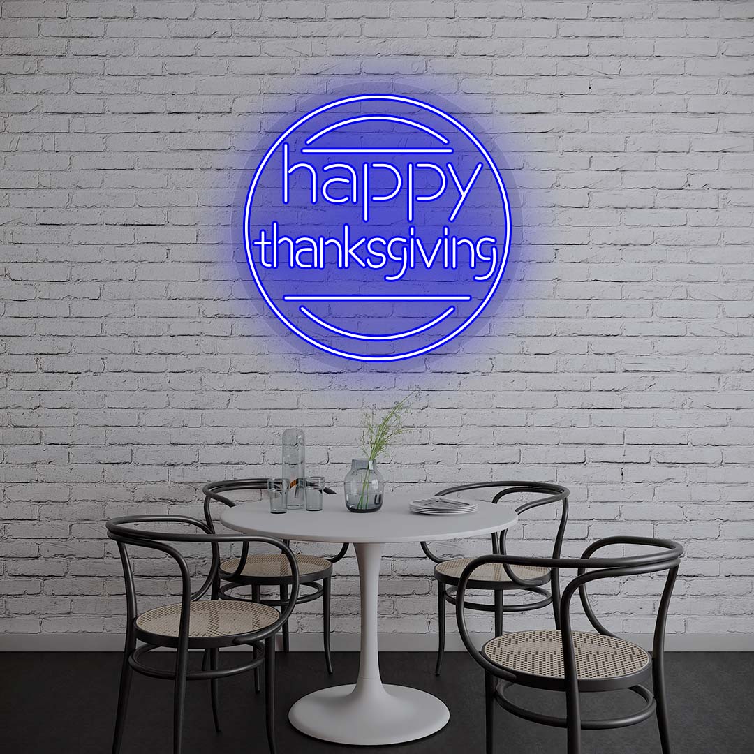 Happy Thanksgiving neon sign in modern round design, blue lights on brick wall, minimalist dining room holiday decor