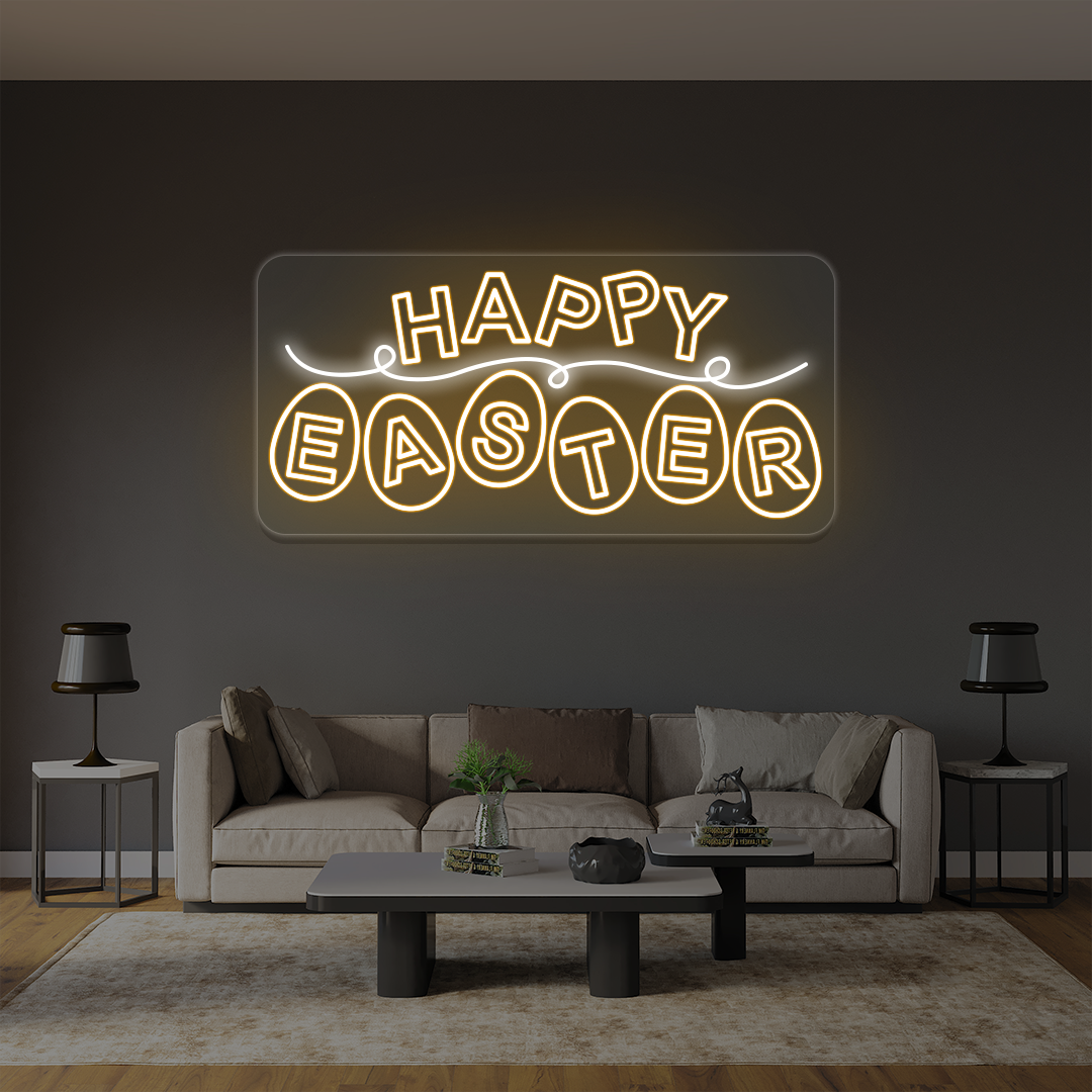 Happy Easter neon sign with eggs lettering in orange