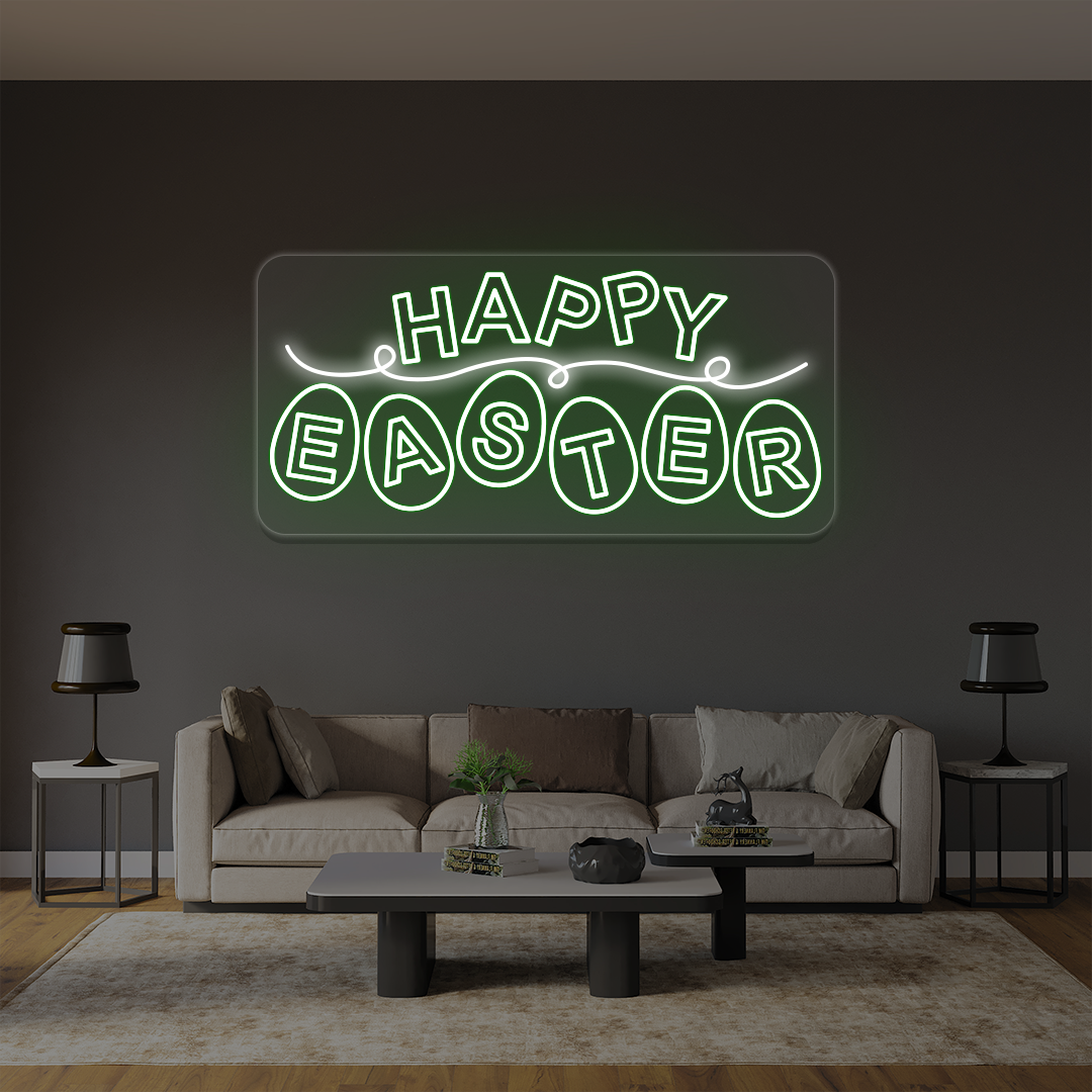 Happy Easter neon sign with eggs lettering in green
