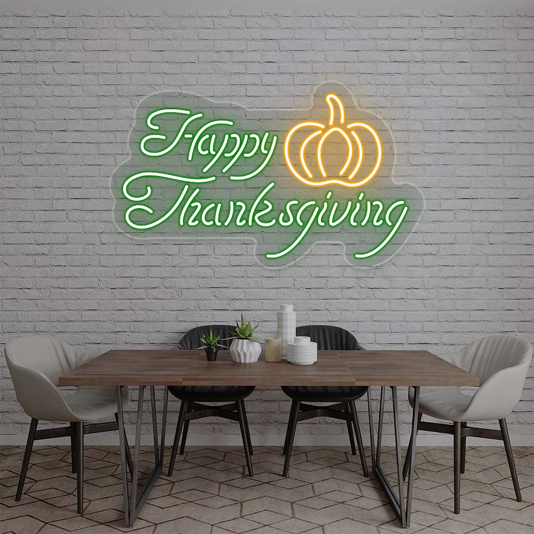 Happy Thanksgiving neon sign with pumpkin, green and orange lights on white brick wall, dining room holiday decor