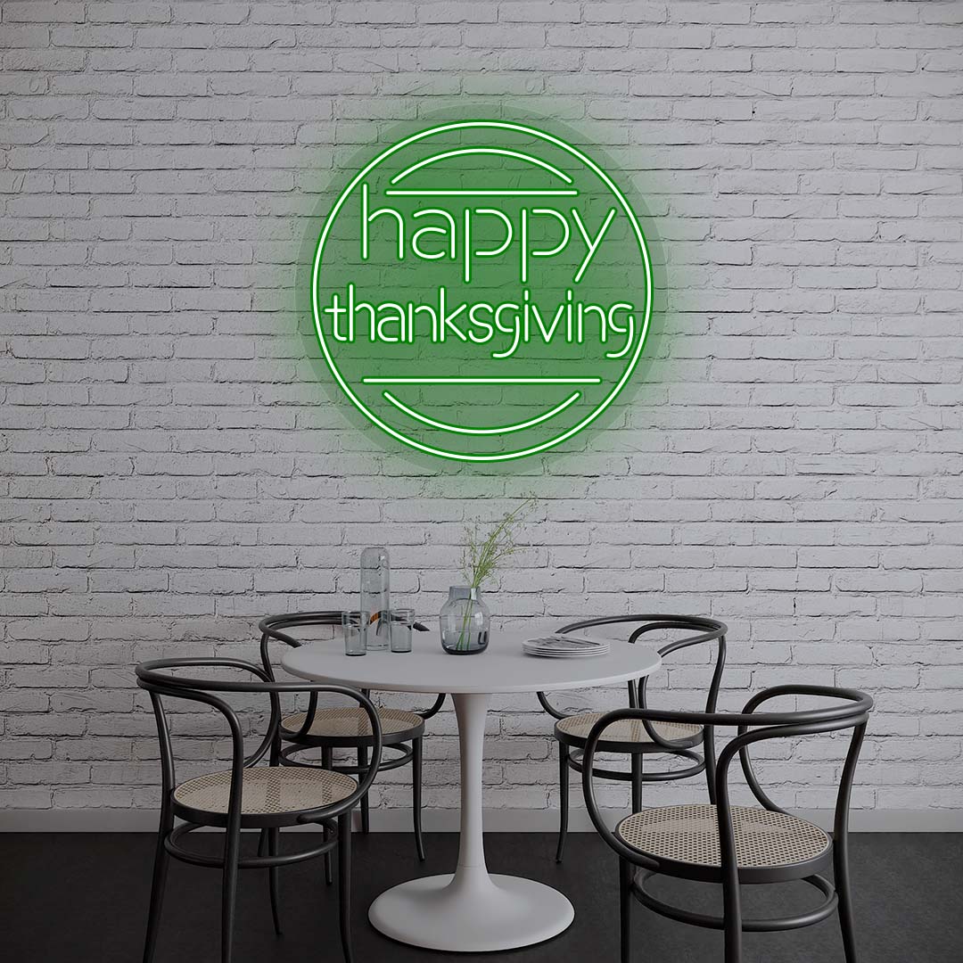 Happy Thanksgiving neon sign in modern round design, green lights on brick wall, minimalist dining room holiday decor