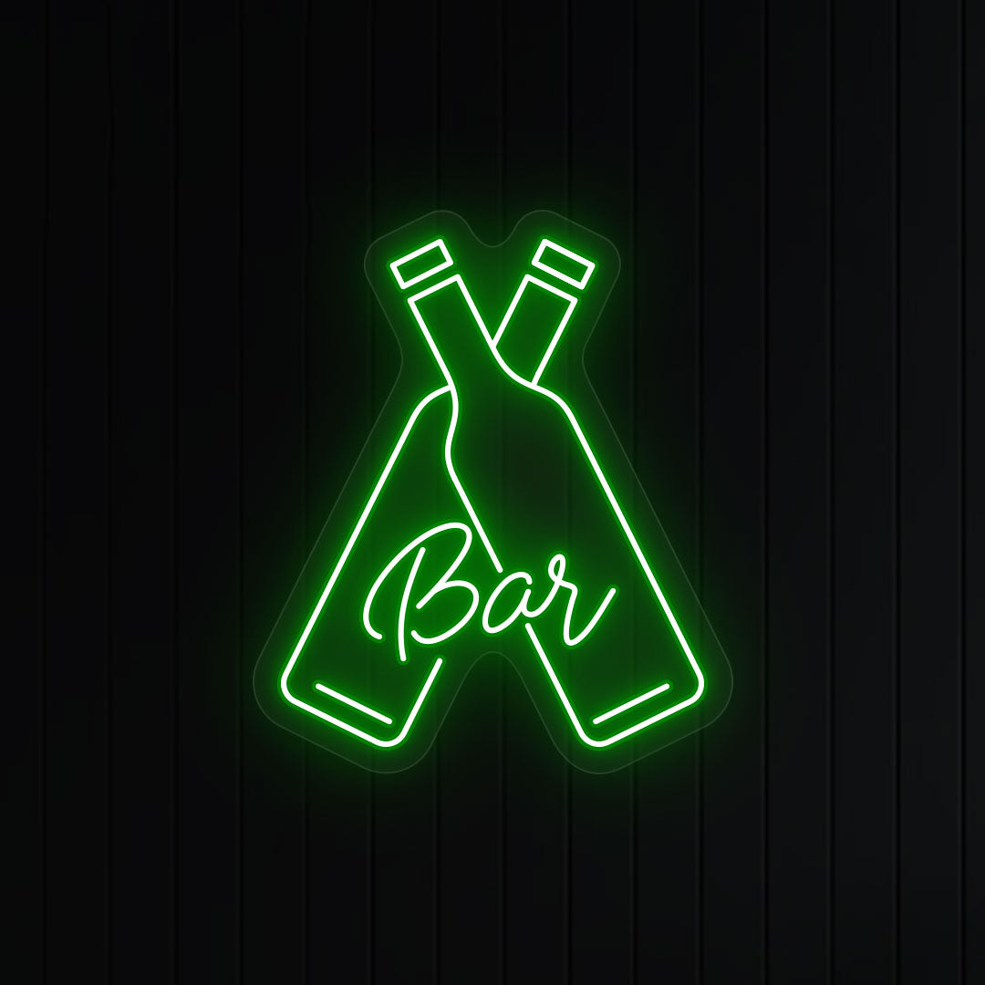 Beer Bottles With Bar Neon Sign | Green
