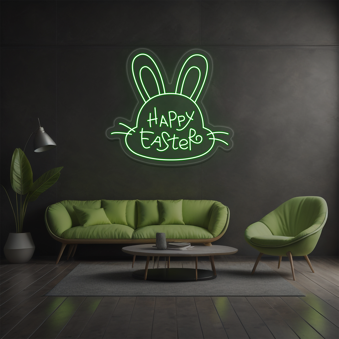 Happy Easter bunny neon sign in green glowing
