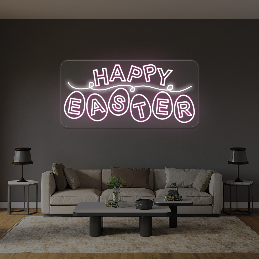 Happy Easter neon sign with eggs lettering in pink