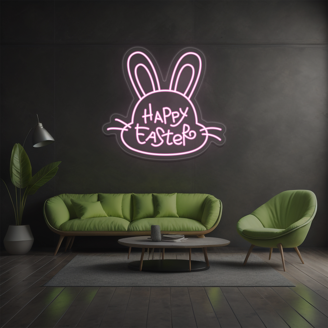 Happy Easter bunny neon sign in pink glowing