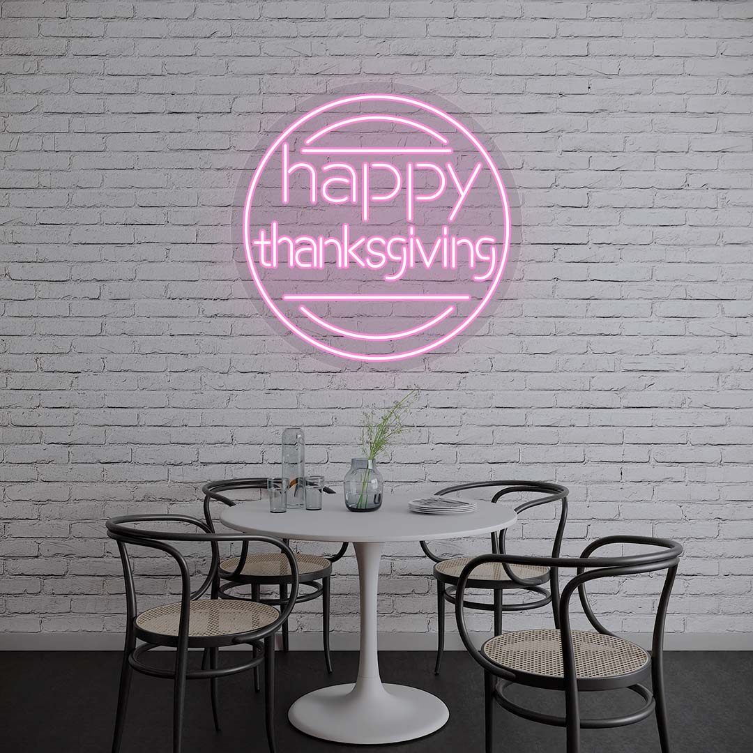 Happy Thanksgiving neon sign in modern round design, pink lights on brick wall, minimalist dining room holiday decor