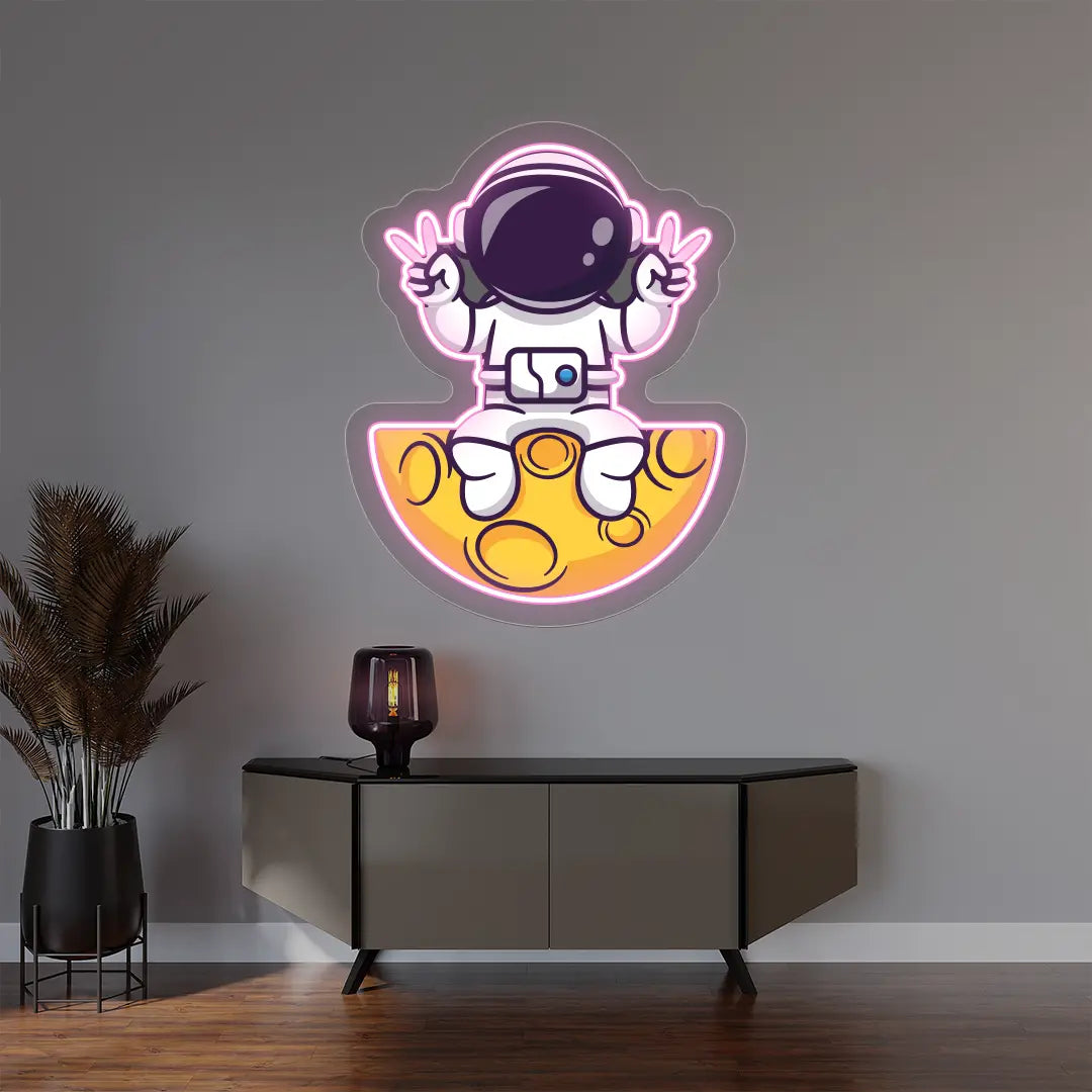 Astronaut On The Moon Neon Artwork | Pink