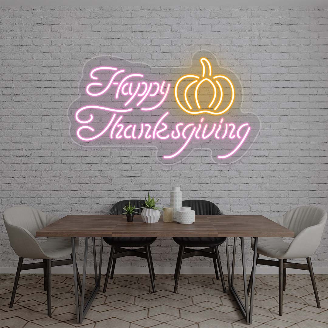 Happy Thanksgiving neon sign with pumpkin, pink and orange lights on white brick wall, dining room holiday decor