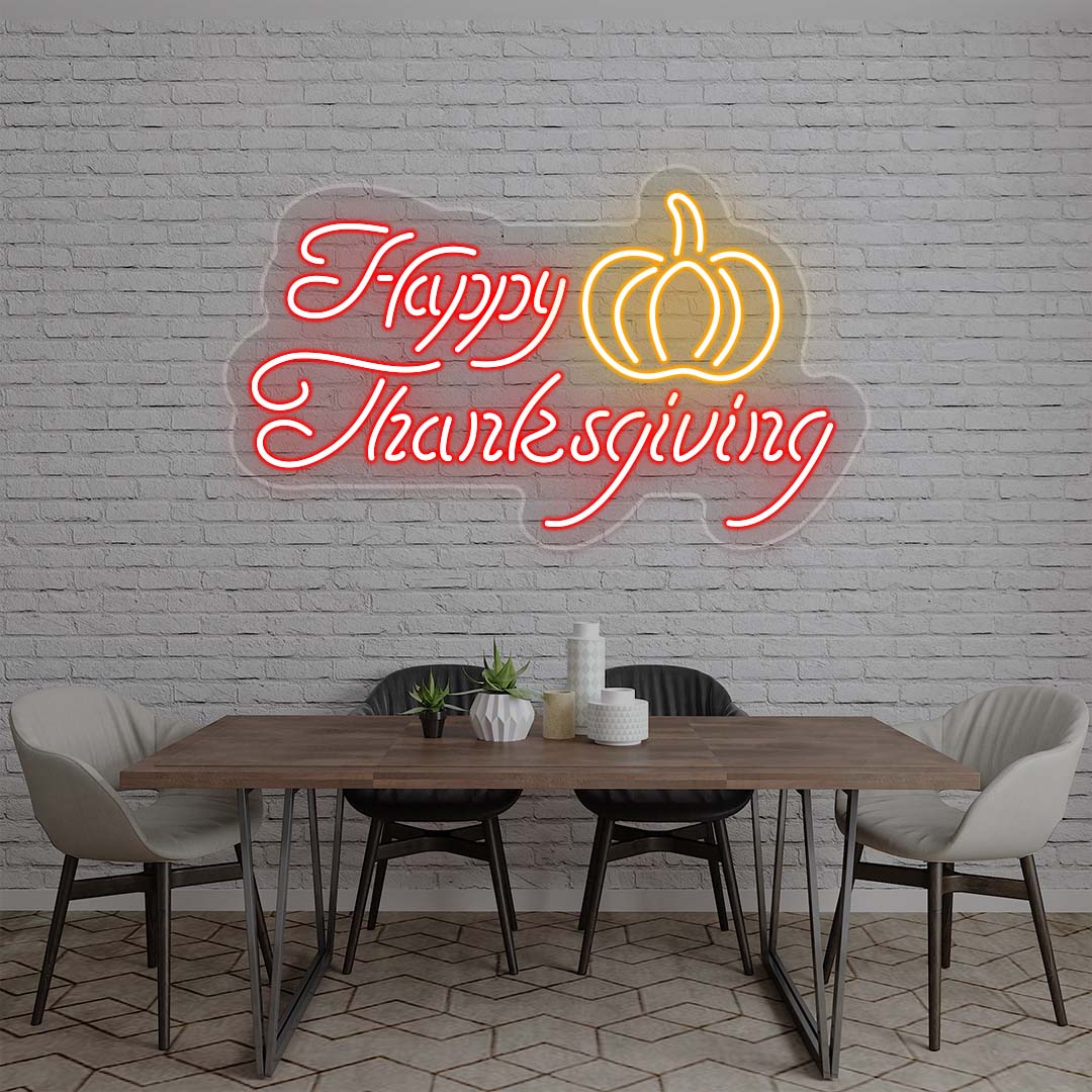 Happy Thanksgiving neon sign with pumpkin, red and orange lights on white brick wall, dining room holiday decor