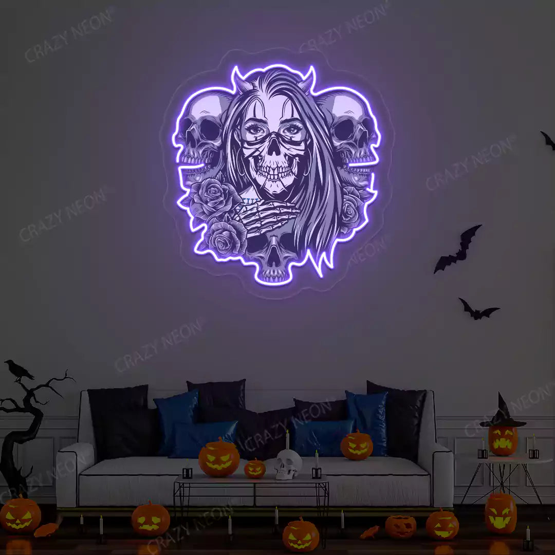 Gothic Skulls & Roses Neon Artwork | Purple