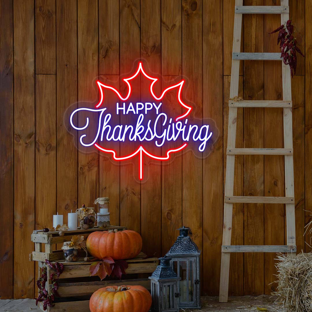 Happy Thanksgiving neon sign in red and blue maple leaf shape, fall farmhouse wall decor with pumpkins and rustic ladder