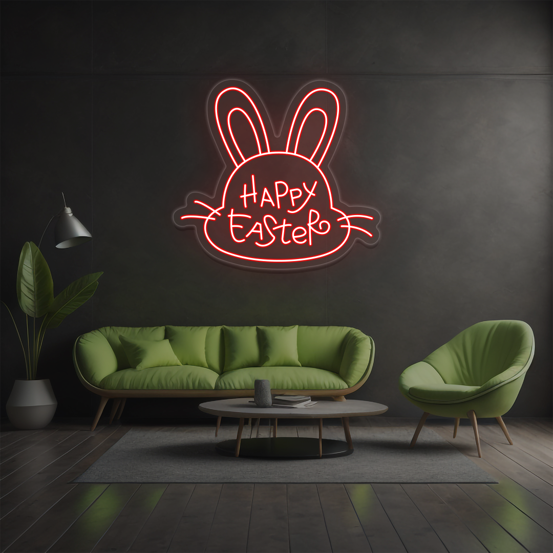 Happy Easter bunny neon sign in red glowing