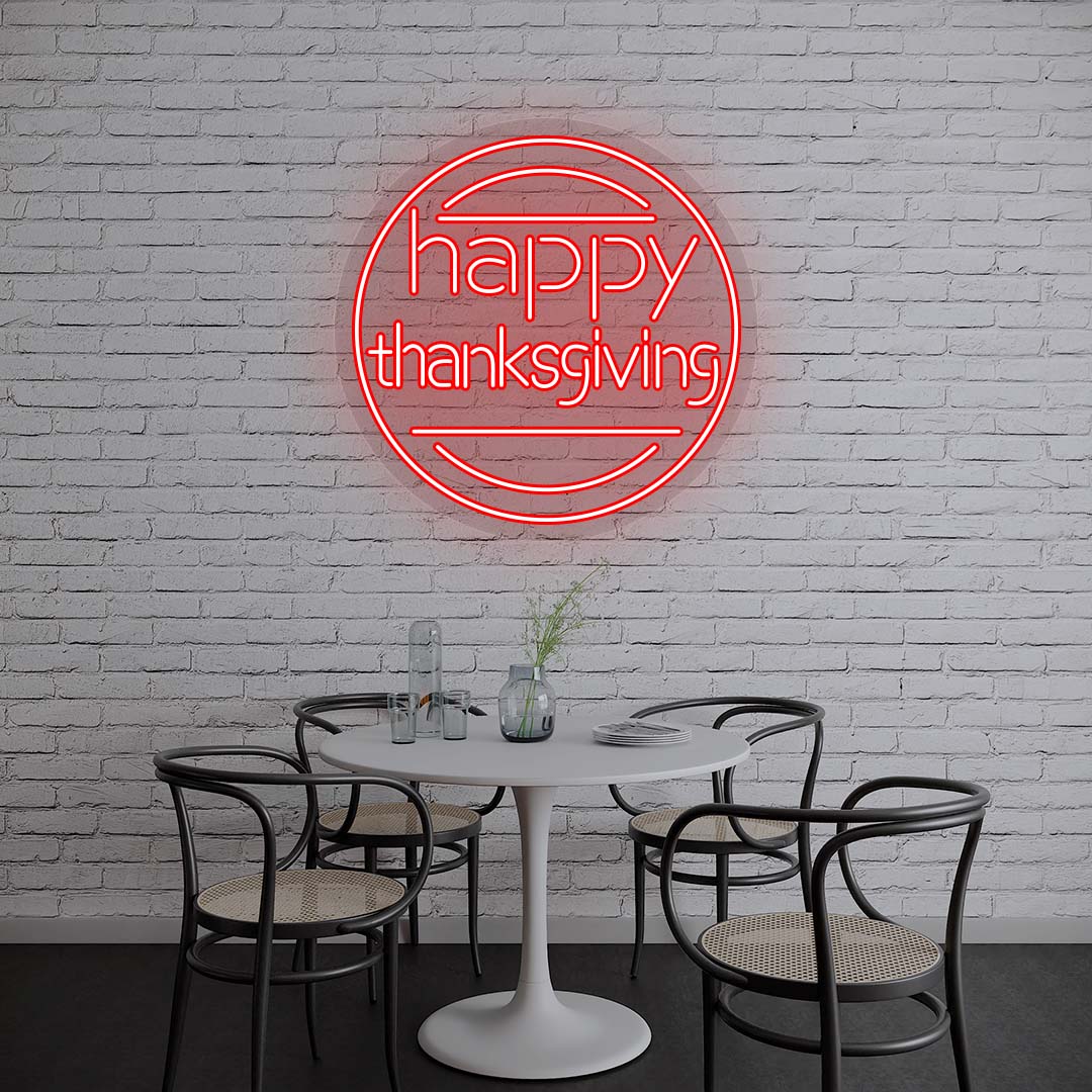 Happy Thanksgiving neon sign in modern round design, red lights on brick wall, minimalist dining room holiday decor